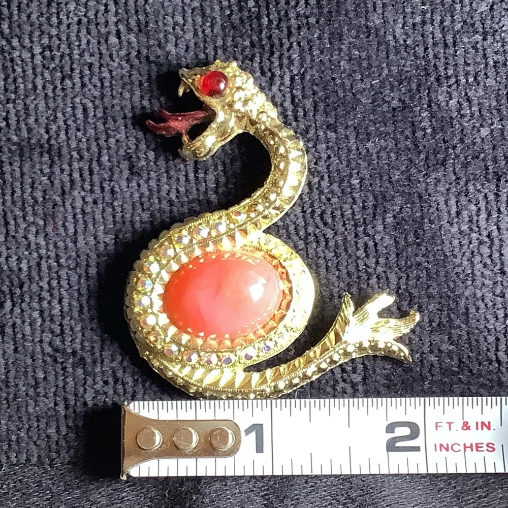 Large Coiled Snake Brooch Gold Tone Rhinestones And Large Coral Colored Stone
